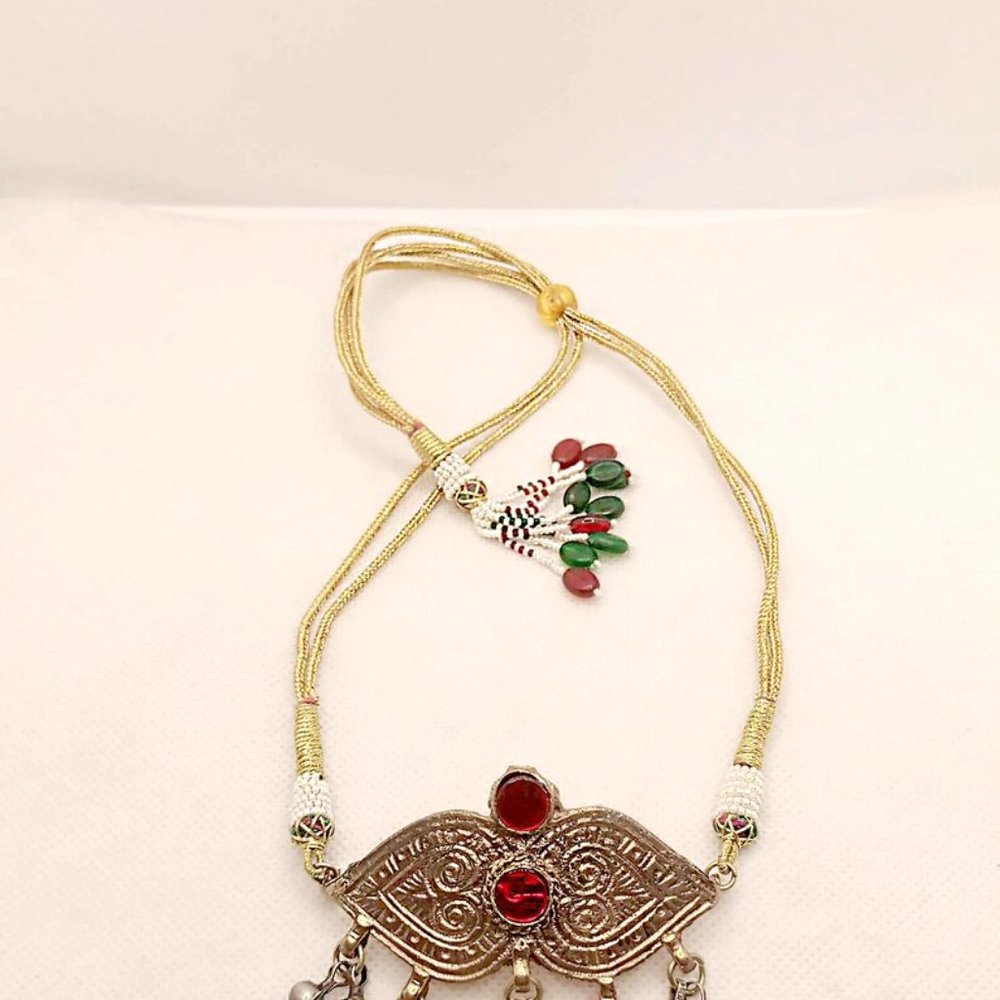 Afghan Kuchi Choker Necklace: Vintage Tribal Bells, Red Glass Stones - Picture 6 of 8
